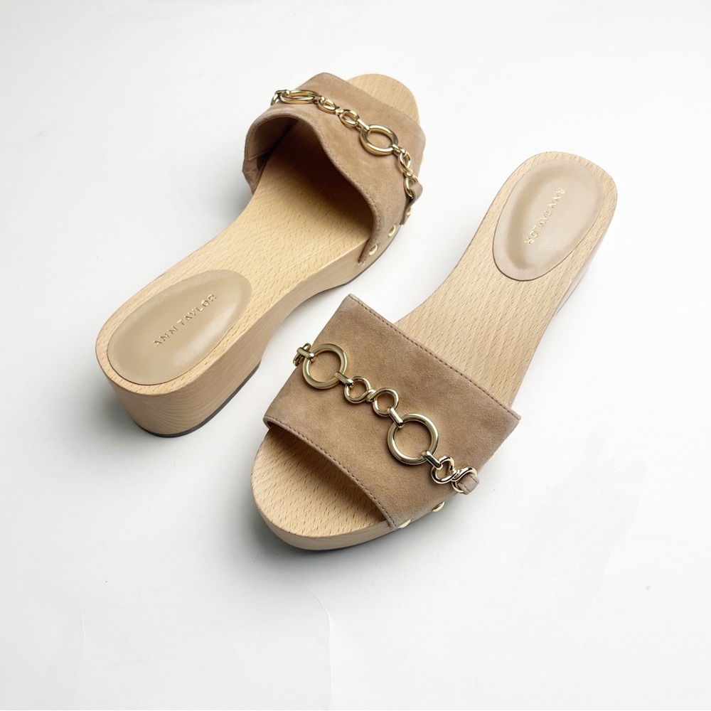 ANN TAYLOR Missy Leather Dominican Sand Chain Wooden Mule Clog Slides, Size 7